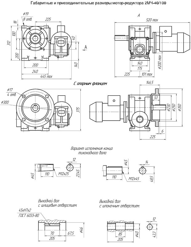Мотор-редуктор МЧ2-100: габаритные и присоединительные размеры